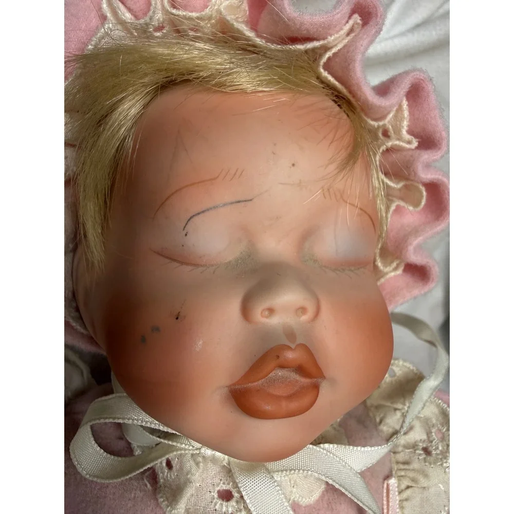 Vintage Baby Doll Pink Outfit‎ Bonnet Lace Trim Sleeping Pose Collectible
